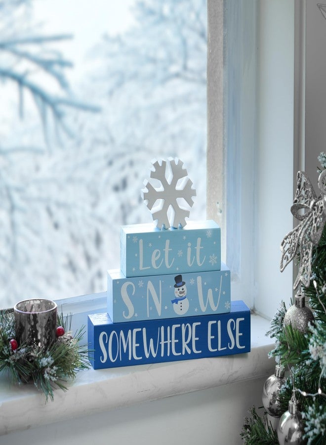 NEWLIGHTURE Christmas Table Decorations 4 Pcs Wooden Snowflake Decor Let It Snow Sign Set for Farmhouse Winter Christmas Tiered Tray Mantel Decor - Image 5